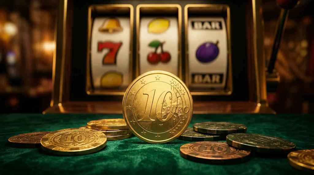 Pokerchips und Spielkarten auf einem Casinotisch mit goldener Beleuchtung symbolisieren Spielautomaten mit 10 Euro Mindesteinzahlung