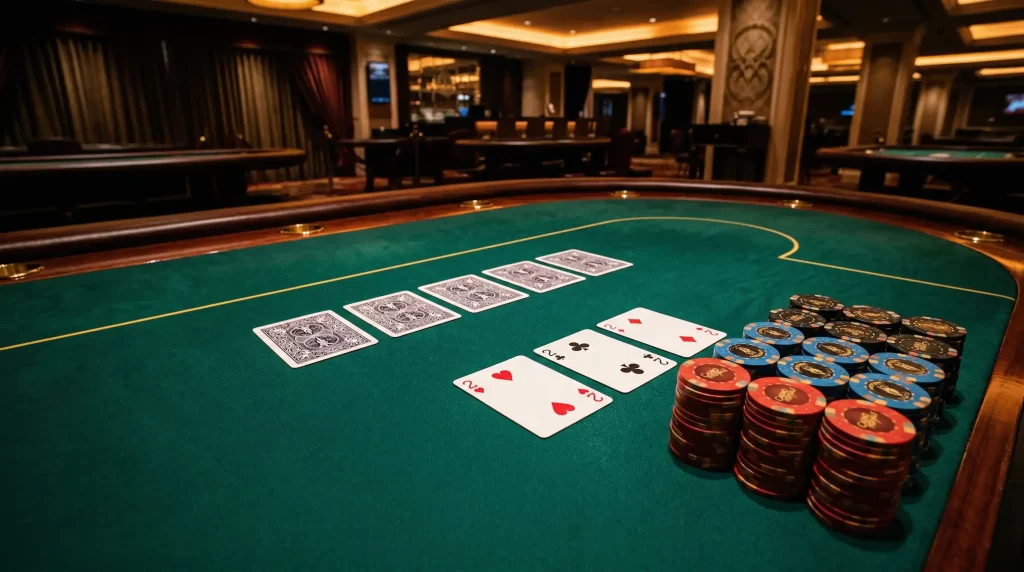 2-7 Triple Draw Poker Kartenspiel am gruenen Pokertisch mit Chips und verdeckten Karten