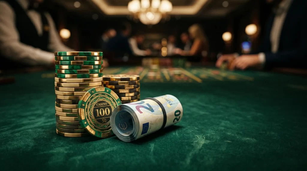 Gestapelte Casino-Chips und Pokerchips mit 20-Euro-Wert auf einem eleganten Spieltisch