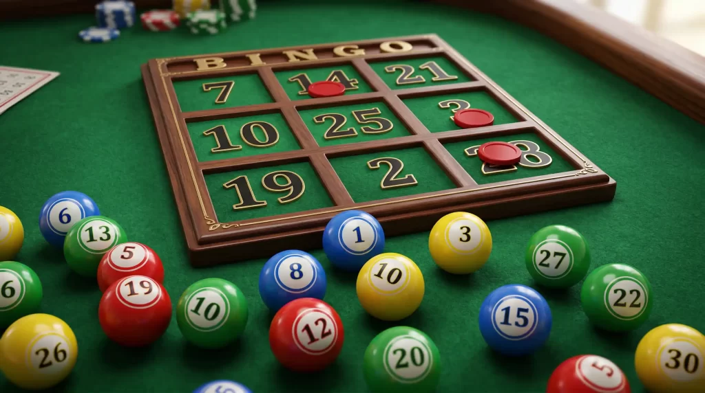 30-Ball Bingo Spielfeld mit 3x3 Raster und bunten Bingokugeln auf einem grünen Spieltisch