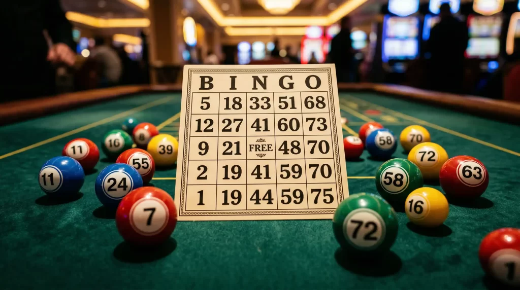 75-Ball Bingo Spielkarte mit bunten Bingokugeln und BINGO-Schriftzug auf einem Spieltisch