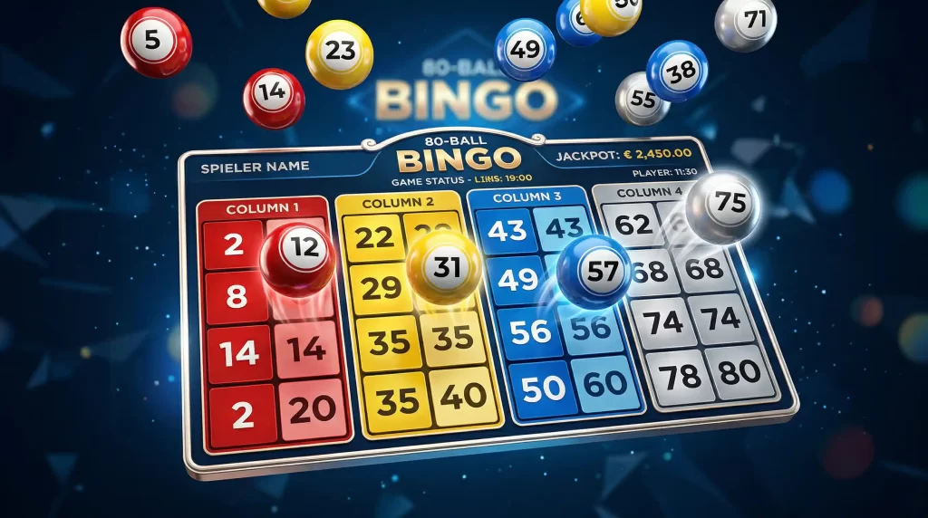 80-Ball Bingo Spielkarte mit farbigen Kugeln und 4x4 Raster in Rot, Gelb, Blau und Silber