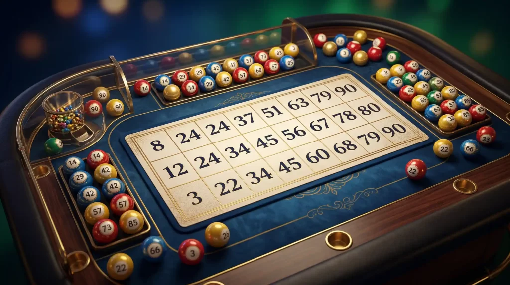 90-Ball Bingo Spielkarte mit nummerierten Feldern und bunten Bingo-Kugeln auf einem Spieltisch