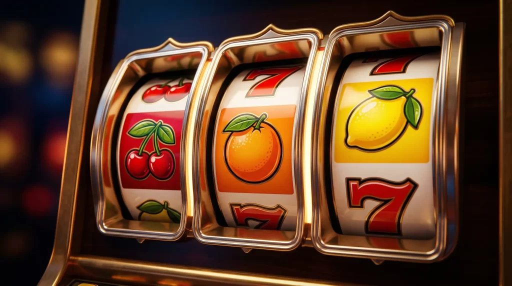 Stilisierte Darstellung klassischer Spielautomaten-Walzen mit Fruchtsymbolen in warmen Farbtönen