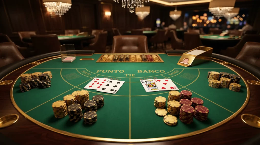Stilisierte Darstellung eines Baccarat-Tisches mit Spielkarten und Jetons in eleganter Casino-Atmosphäre