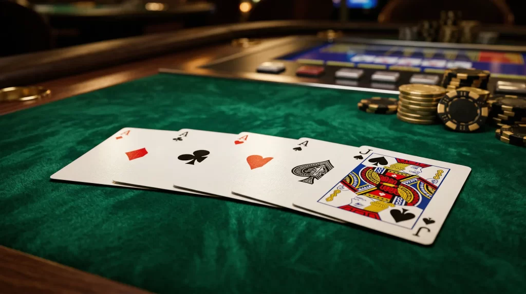 Aces and Faces Video Poker Spielkarten mit Assen und Bildkarten auf grünem Filz