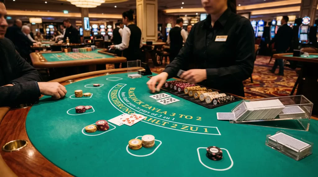 Atlantic City Blackjack Spieltisch mit acht Kartendecks und grüner Filzauflage
