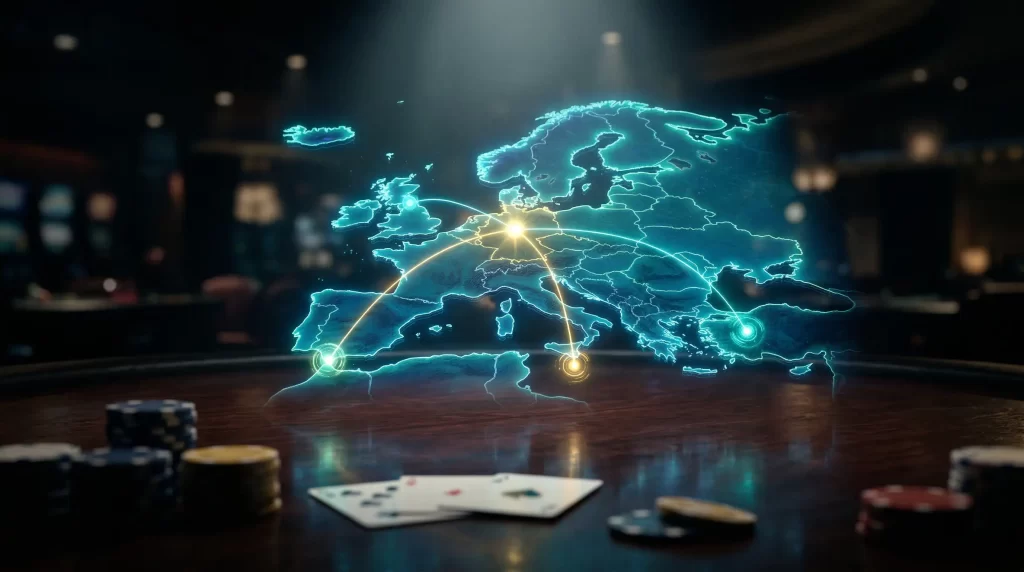 Stilisierte Weltkarte mit leuchtenden Verbindungslinien zwischen europäischen Glücksspiel-Jurisdiktionen