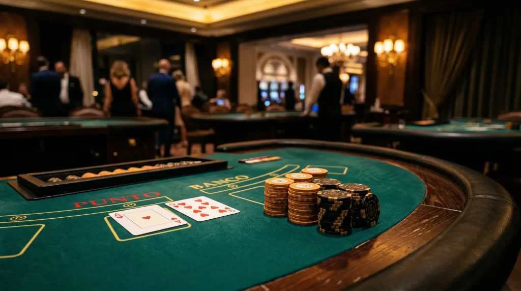 Eleganter Baccarat-Spieltisch mit Karten und Jetons in gedämpftem Casinolicht