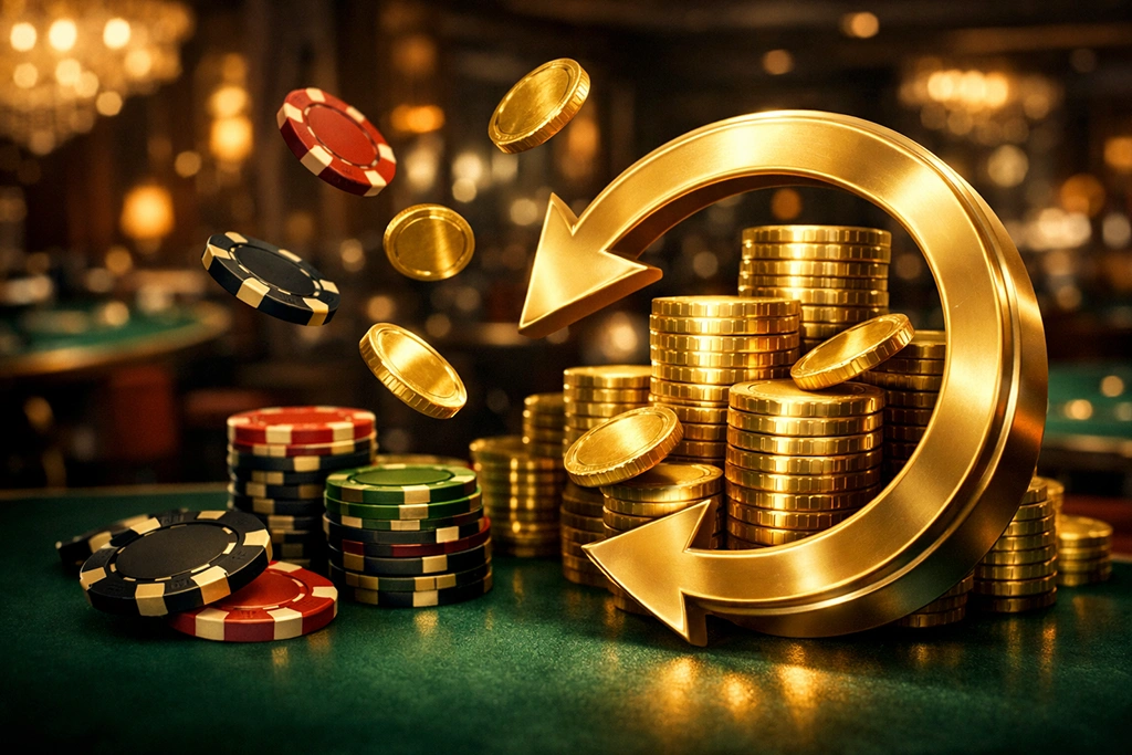 Reprezentare vizuală a conceptului de cashback la cazinourile online cu jetoane și monede