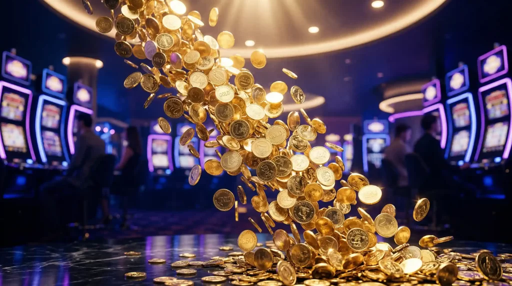 Leuchtende Goldmünzen fallen in einem modernen Casino mit Neonbeleuchtung