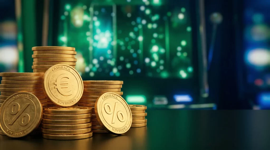Goldene Münzen und digitale Prozentzeichen symbolisieren Cashback-Rückerstattungen im Online Casino