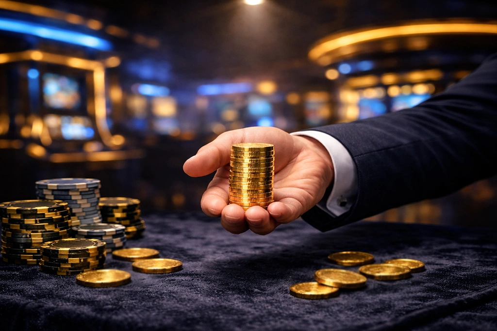 Gouden munten en fiches op een moderne speeltafel met digitale elementen die het concept van geld teruggave bij online gokken symboliseren