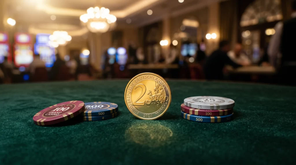 Goldene Zwei-Euro-Muenze neben Casino-Chips auf dunkelgruener Spielflaeche