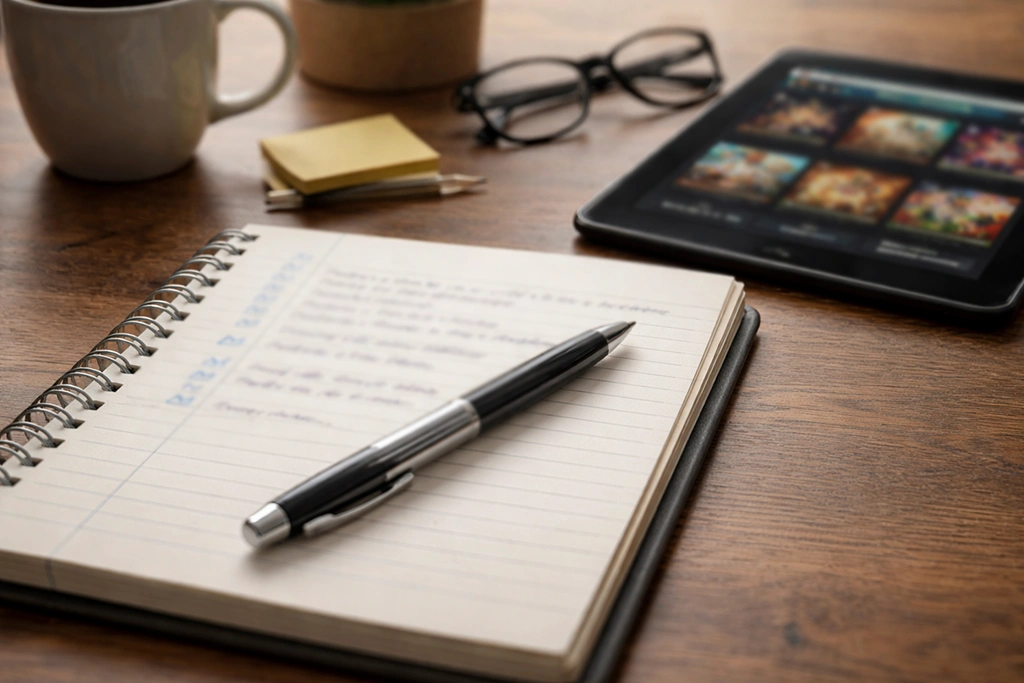 casino bonus wagering checklist with notes and tablet showing online casino games