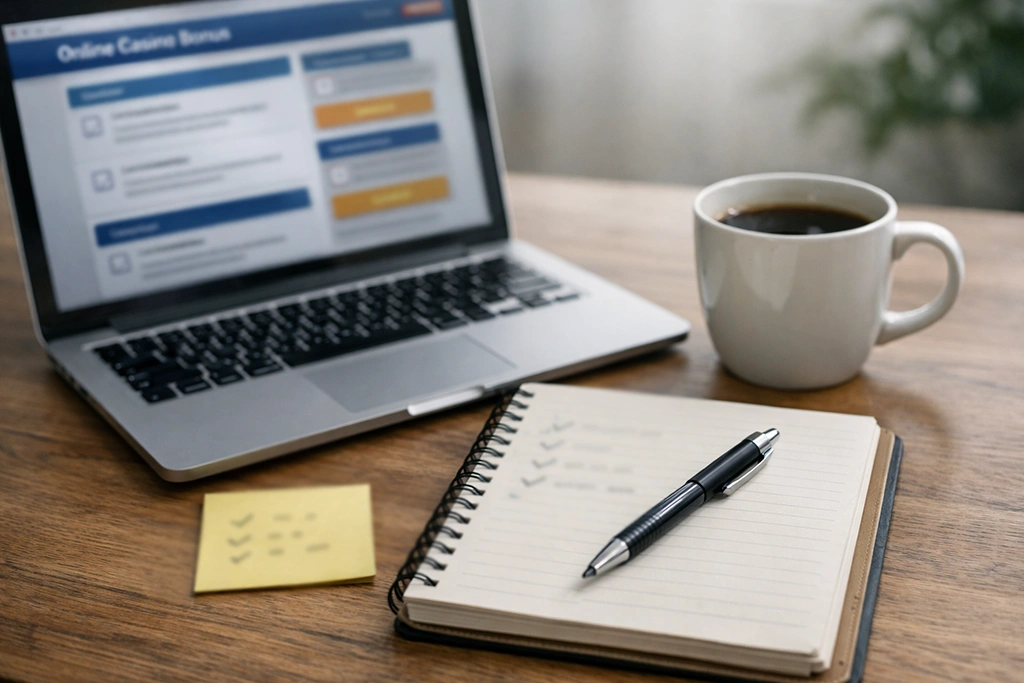 casino bonus conditions and wagering requirements checklist on desk