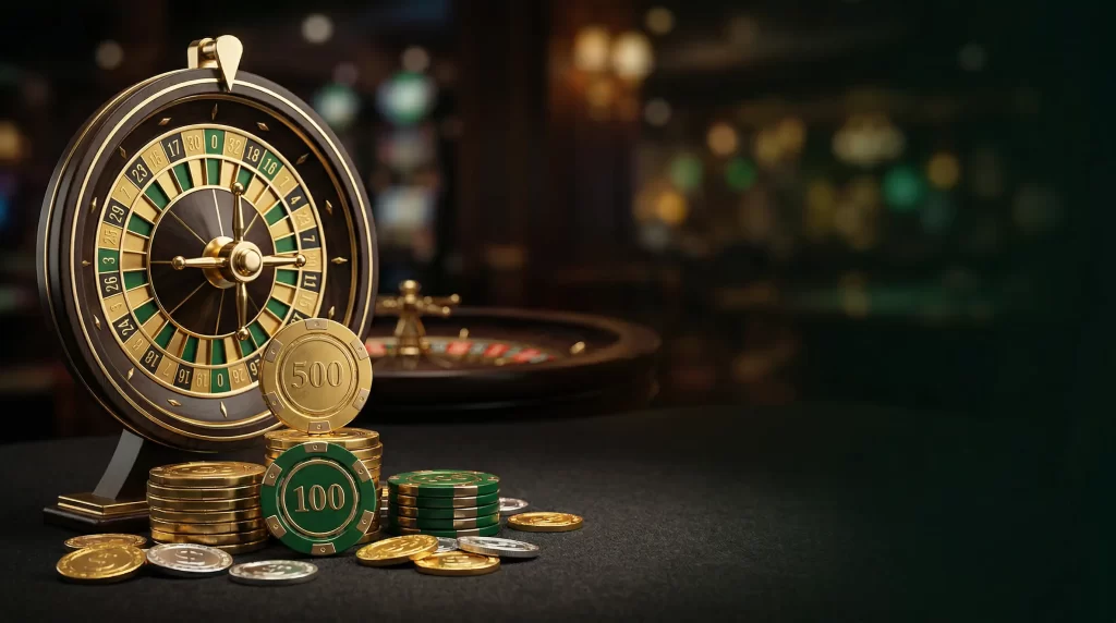 Casino Bonus ohne Einzahlung mit Spielchips und Glücksrad vor goldenem Hintergrund