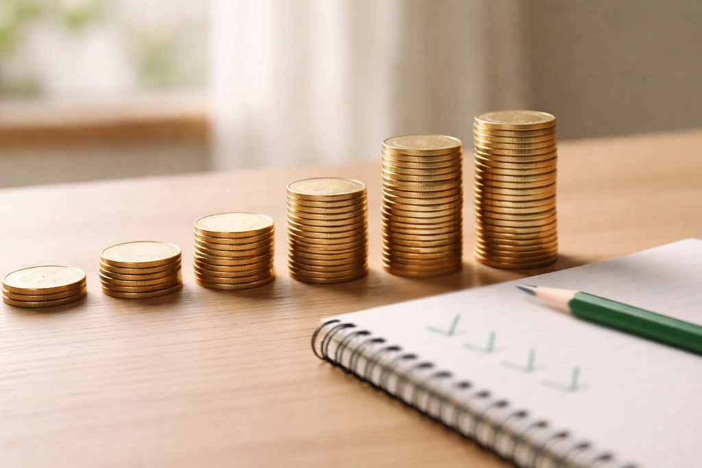 casino bonus progress shown with increasing stacks of tokens and checklist