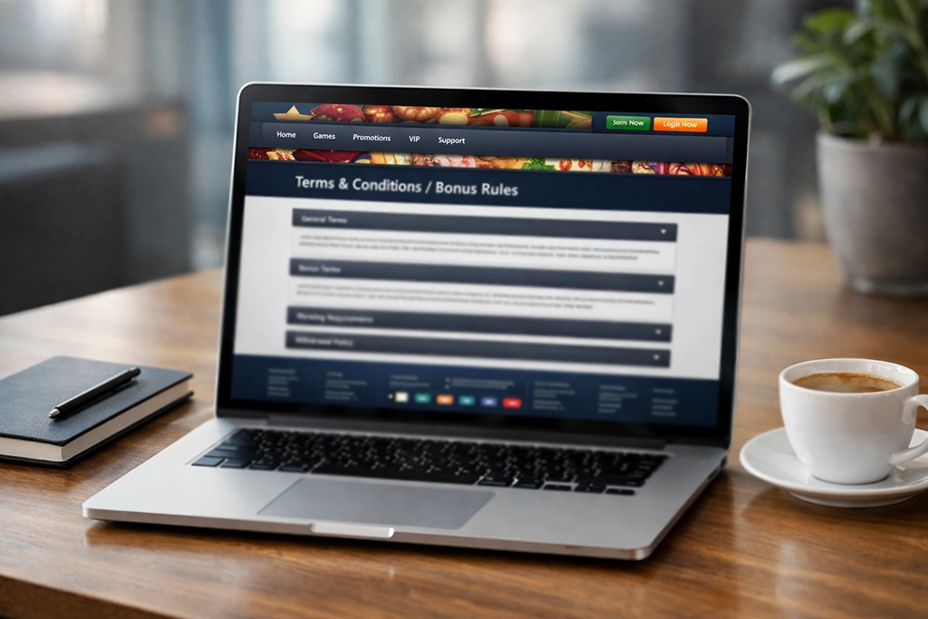 online casino website with terms conditions and footer navigation sections