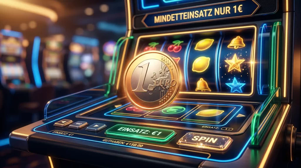 Online Casino Spielautomat mit Ein-Euro-Münze und deutschem Glücksspiel-Ambiente