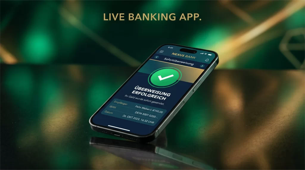 Digitale Bankueberweisung am Smartphone mit Casino-Elementen im Hintergrund