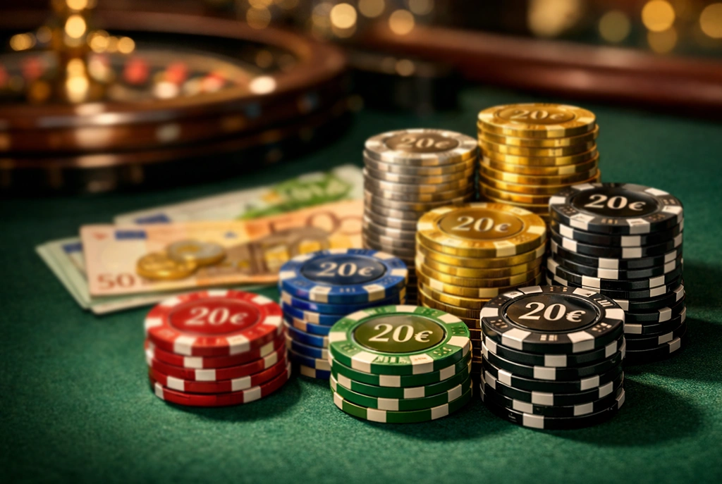 Stapel euromunten en fiches op een groene speeltafel in een casino met sfeervolle verlichting