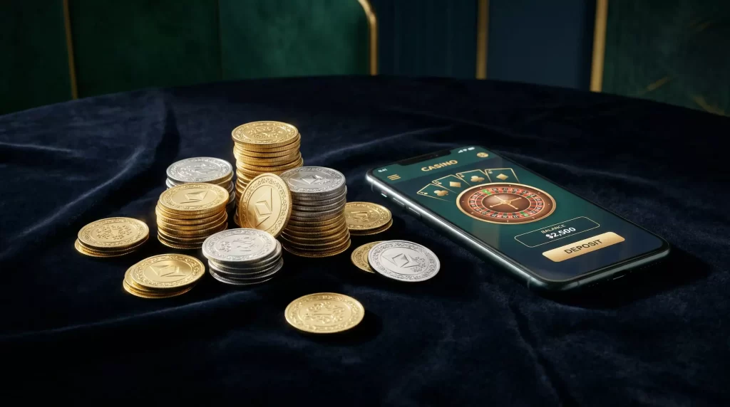 Zlate mince v hodnote 125 korun vedle mobilniho telefonu s online kasinem
