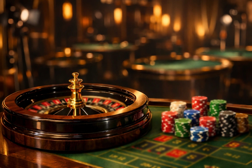 Masa de cazinou live cu dealer profesionist si echipament de joc in atmosfera eleganta de studio