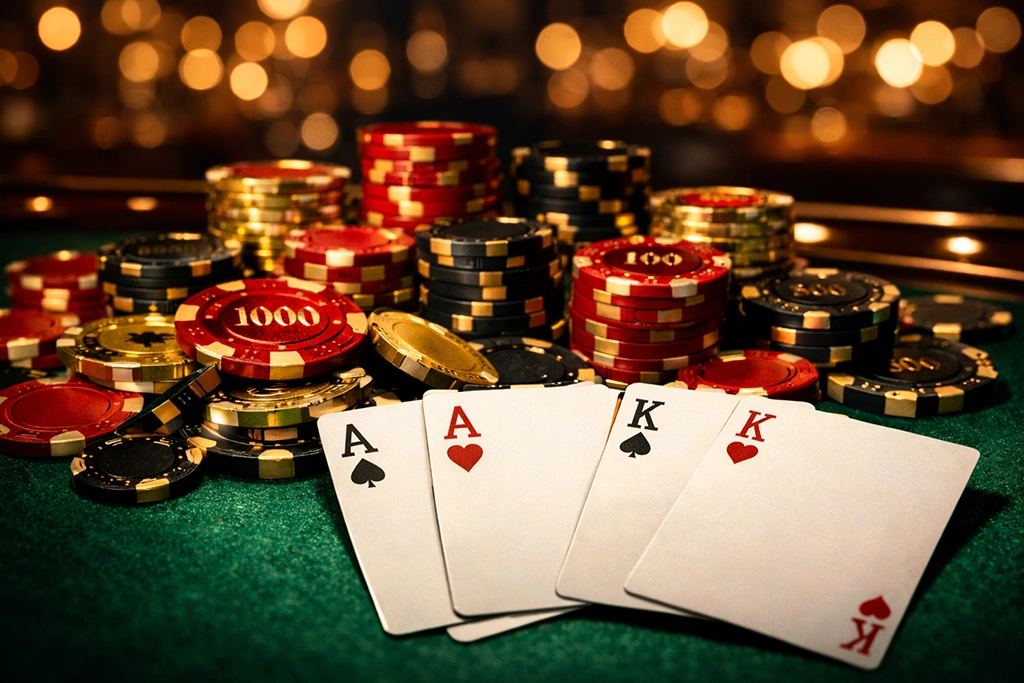 Masa de cazinou cu jetoane si carti de joc intr-o atmosfera eleganta de cazinou online