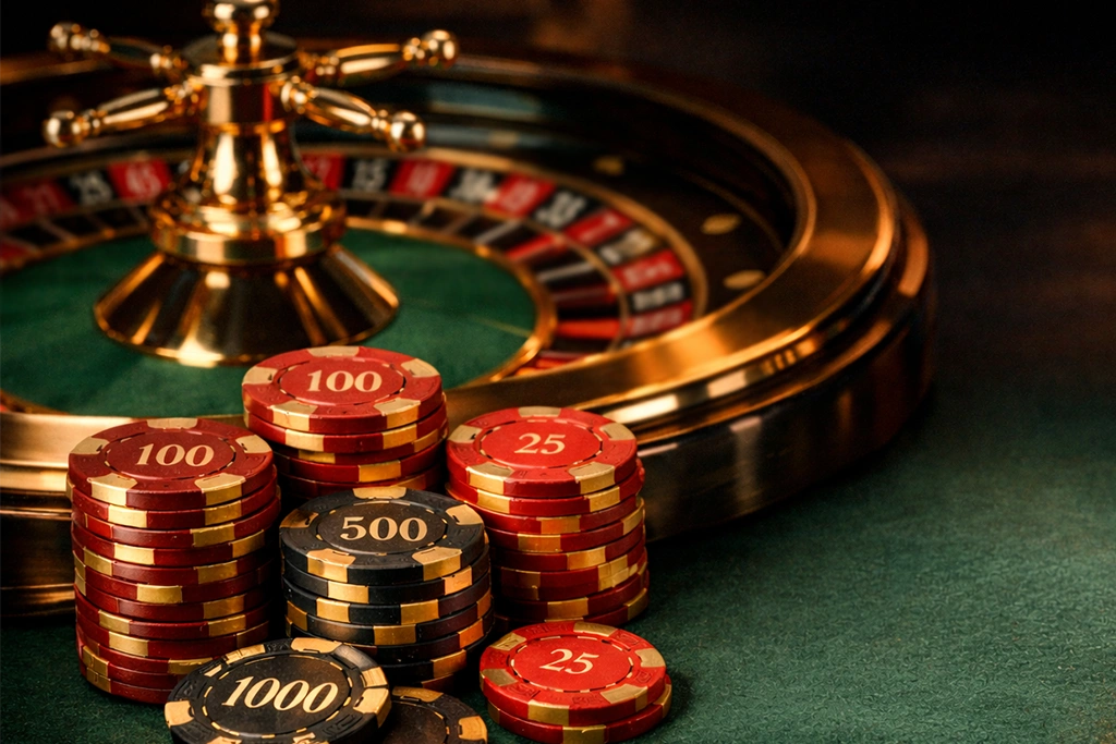 Cazinou online reglementat in Romania cu jetoane de poker si ruleta pe fundal elegant