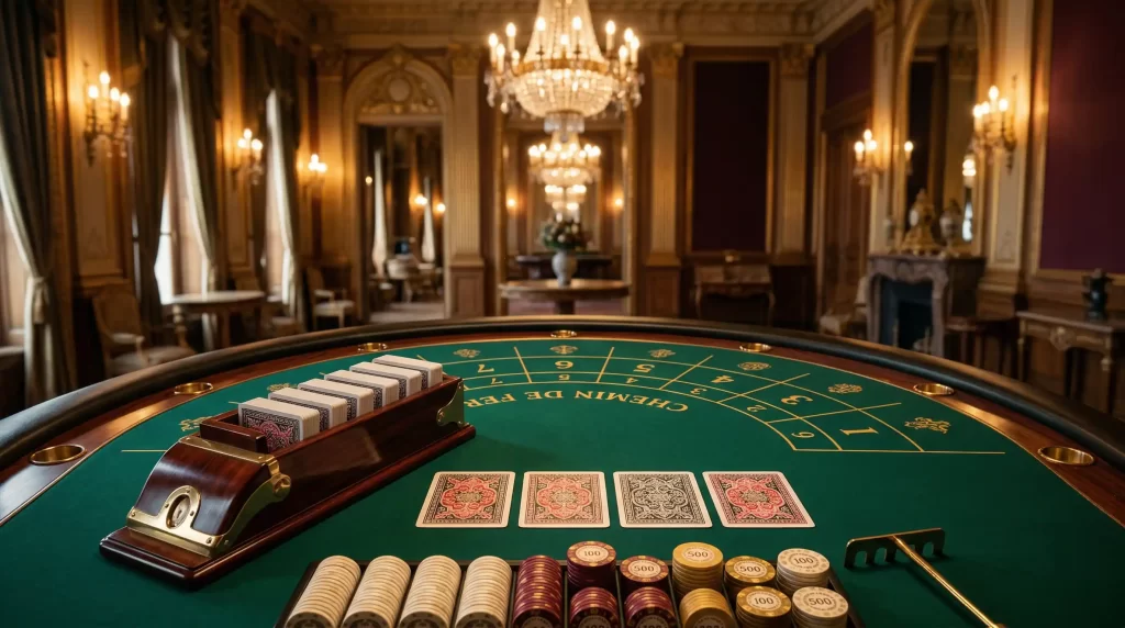 Eleganter Baccarat-Spieltisch fuer Chemin de Fer mit sechs Kartendecks und klassischer Casino-Atmosphaere