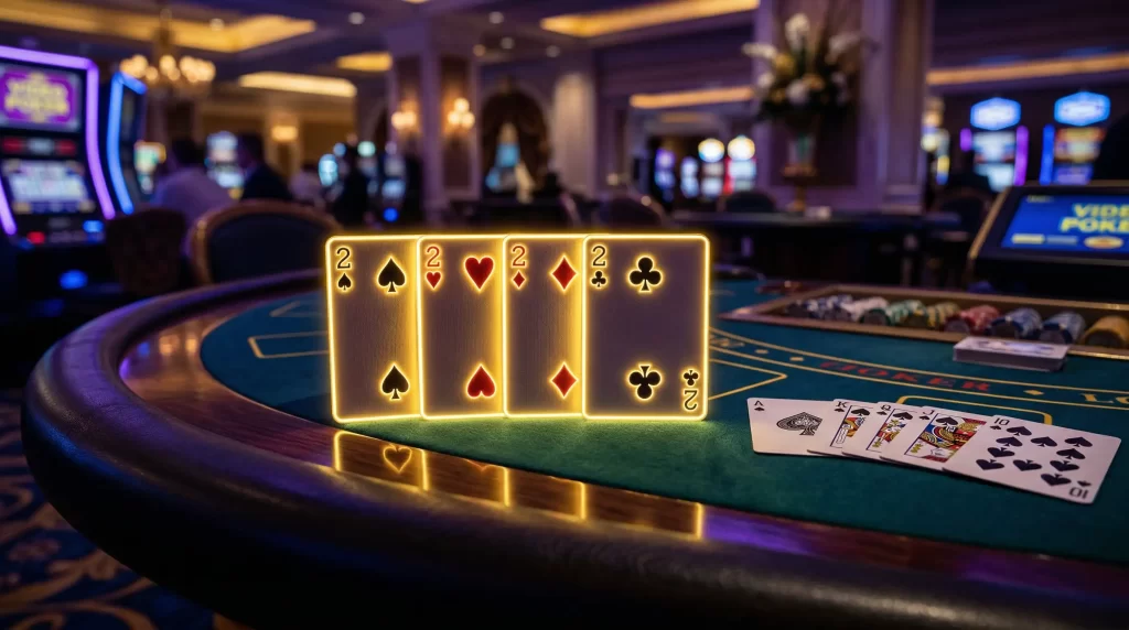 Deuces Wild Videopoker mit Spielkarten und Zweier als Wildcards auf einem Casinotisch