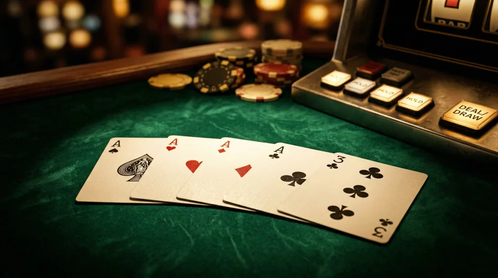 Double Double Bonus Video Poker mit Spielkarten und Vierling-Kombination auf einem Casino-Tisch