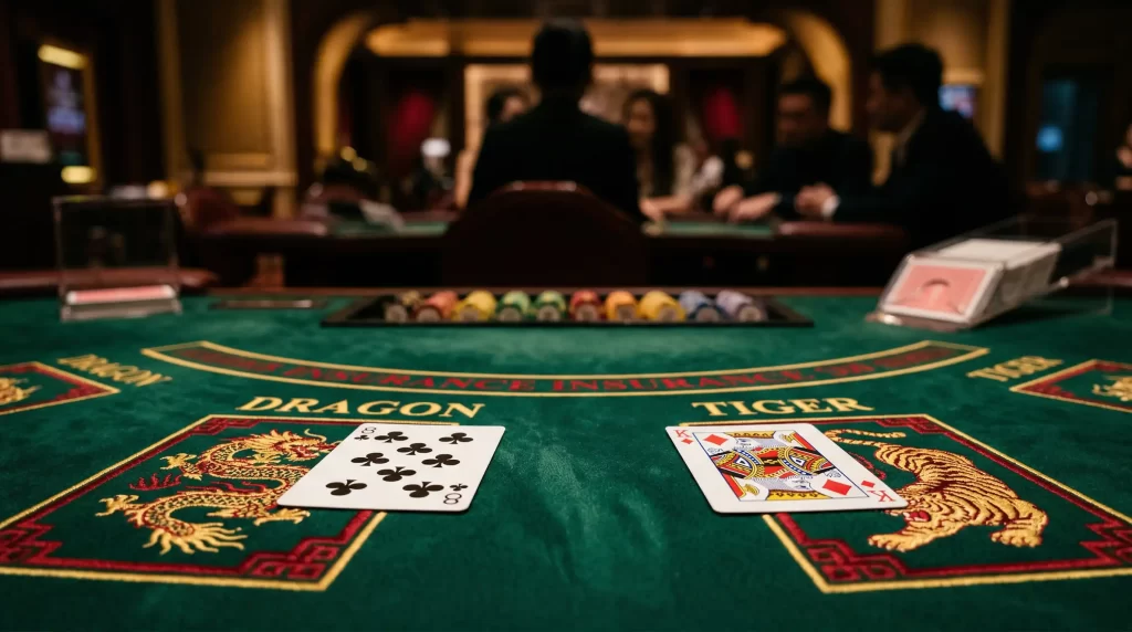 Dragon Tiger Live Casino Kartenspiel mit Spielkarten auf einem eleganten Spieltisch