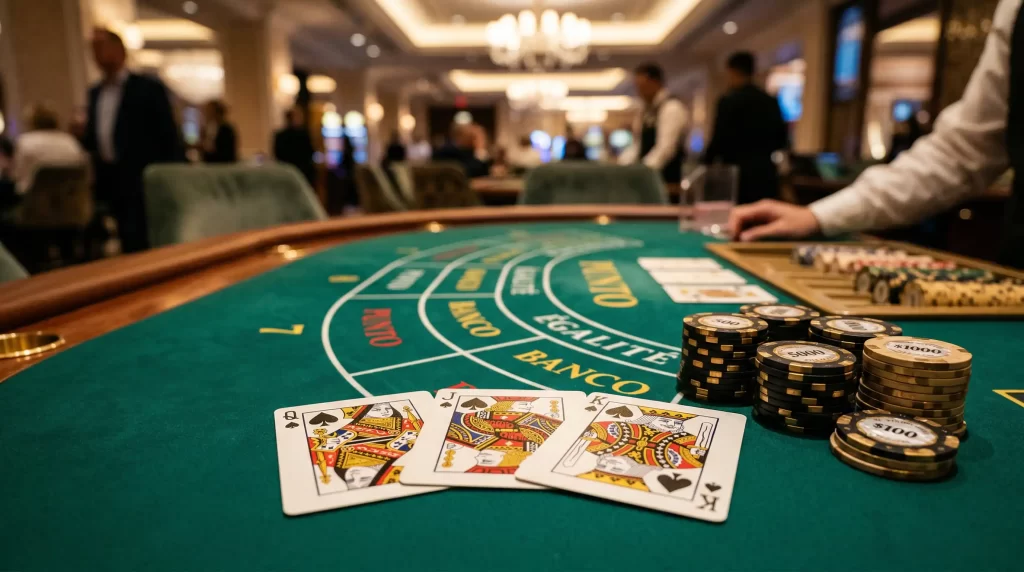 Eleganter Spieltisch für 3-Card-Baccarat mit drei Spielkarten und Casino-Chips in atmosphärischer Beleuchtung