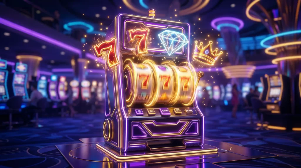 Moderne 3D-Spielautomaten mit leuchtenden Symbolen und Walzen in einem virtuellen Casino-Ambiente