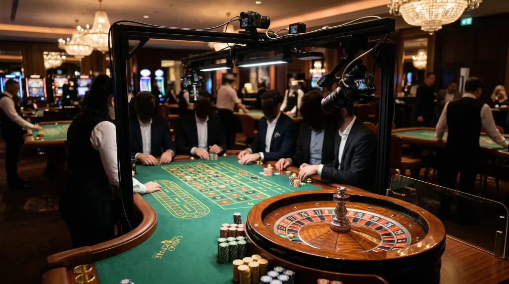 Dual-Play Roulette Tisch mit HD-Kameras in einem landbasierten Casino mit Live-Streaming für Online-Spieler