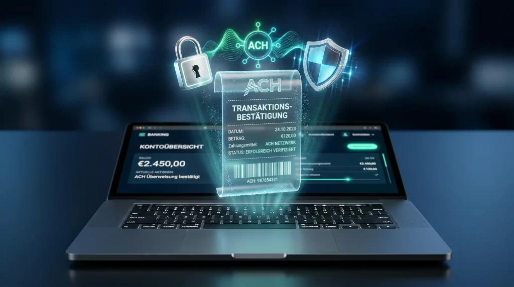Elektronischer Scheck neben einem Laptop mit Online-Casino-Interface und digitalem Bankverbindungssymbol
