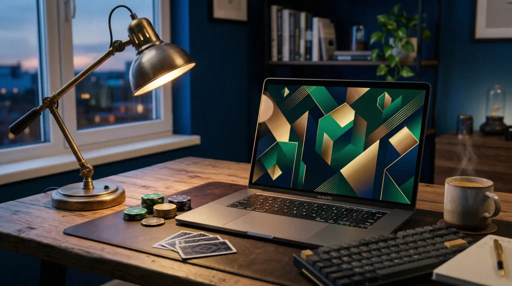 Atmosphärische Darstellung eines modernen Online-Casino-Arbeitsplatzes mit Laptop und gedämpfter Beleuchtung
