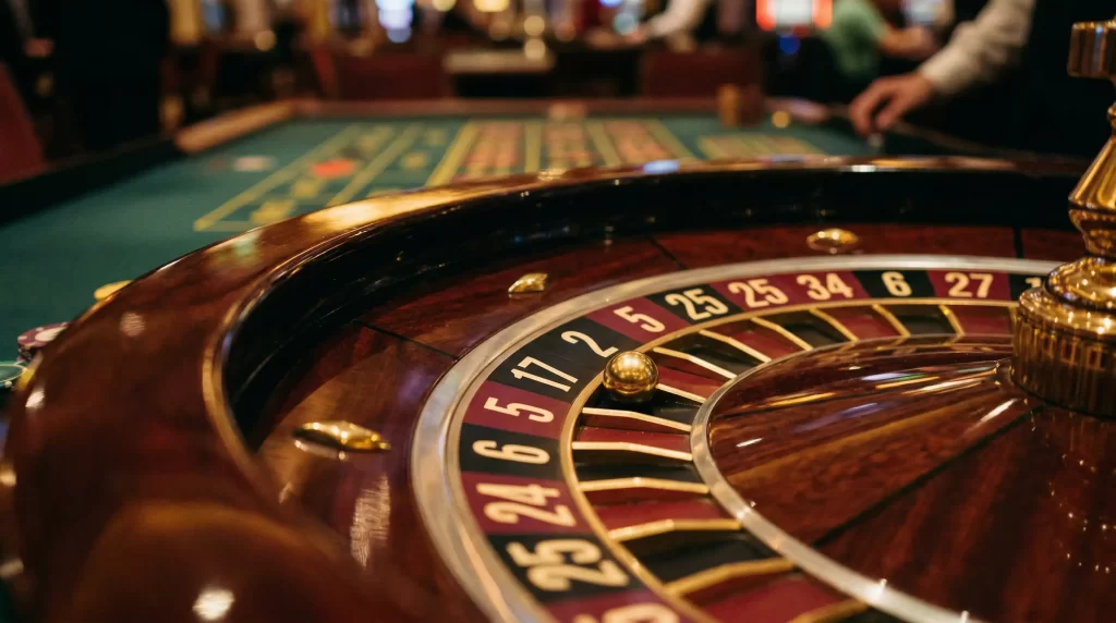 Roulettekessel mit goldener Kugel auf dem Spielfeld im eleganten Casino-Ambiente