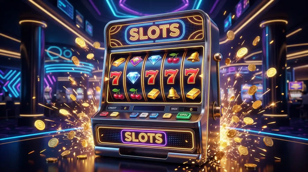 Virtuelle Spielautomaten mit goldenen Muenzen und Walzensymbolen in stimmungsvoller Casino-Atmosphaere