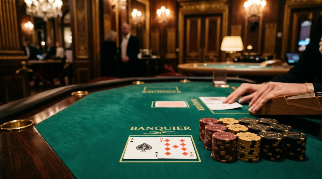 Europaeisches Baccarat Kartenspiel am eleganten Casino-Tisch mit Spielkarten und Jetons