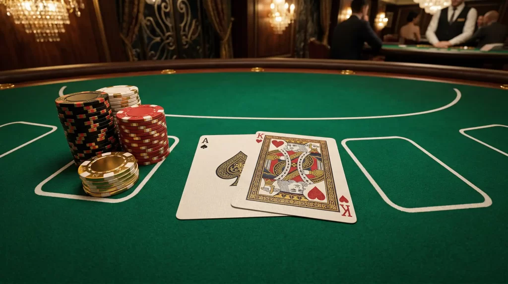 European Blackjack Spieltisch mit Karten und Chips in eleganter Casino-Atmosphäre