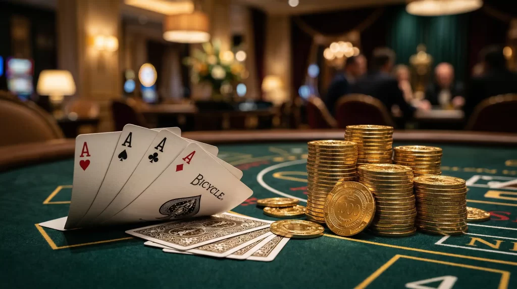 Elegante Casino-Atmosphaere mit goldenen Pokerchips und Spielkarten auf einem gruenen Filztisch
