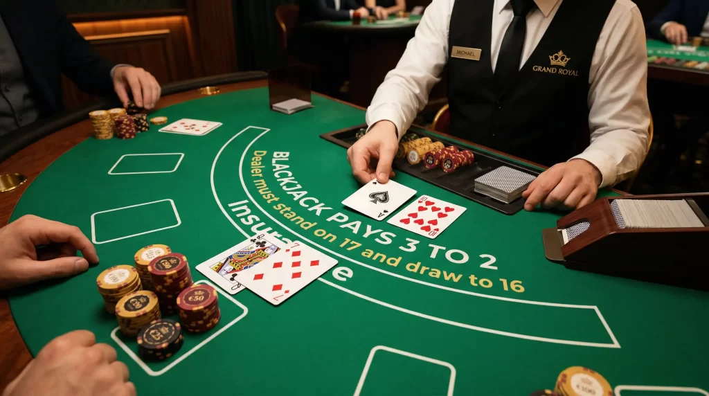 Face-Up 21 Blackjack Spieltisch mit offenen Dealer-Karten im Casino