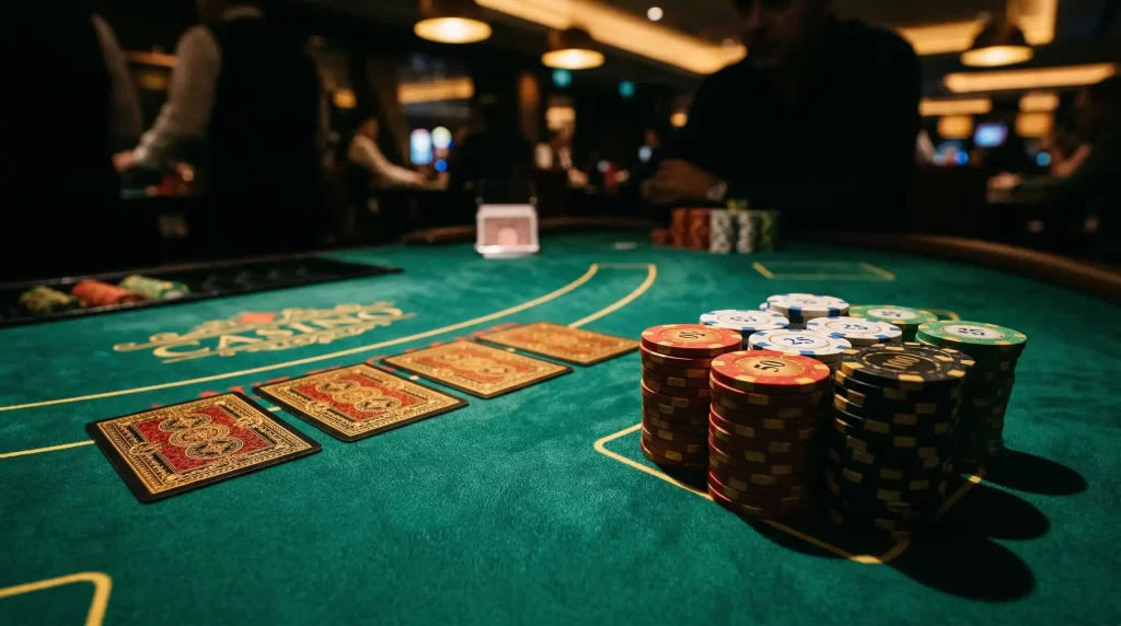 Five Card Draw Poker Spielszene mit Karten und Chips auf einem gruenen Filztisch