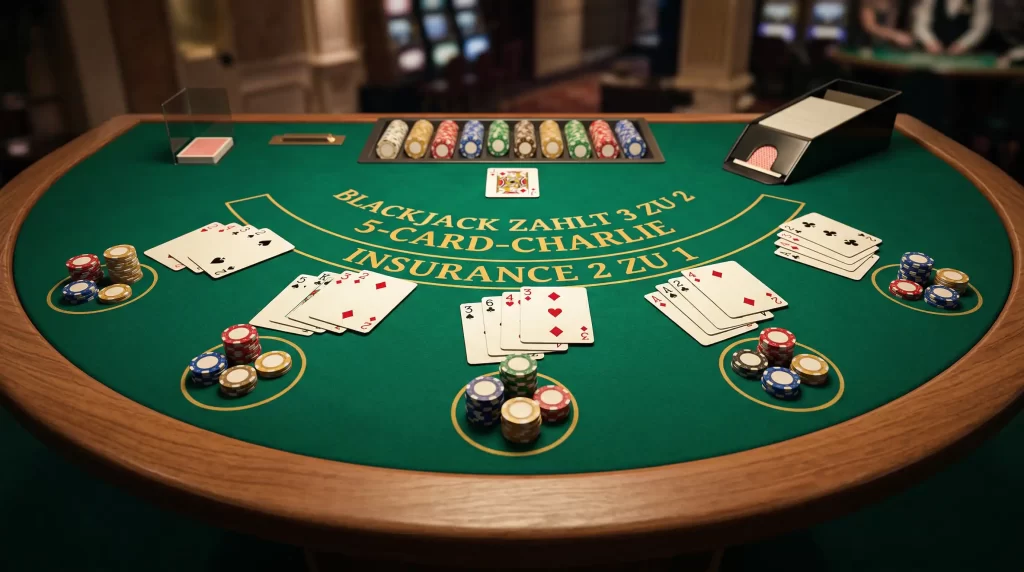 Five Spot Blackjack Spieltisch mit fünf Kartenpositionen und grüner Spielfläche