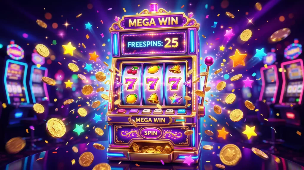Barevny hraci automat s rotujicimi valci a zlate mince symbolizujici free spiny