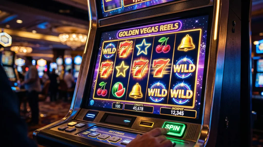 Beleuchtete Spielautomatenwalzen mit goldenen Symbolen und Lichteffekten in Casino-Atmosphare
