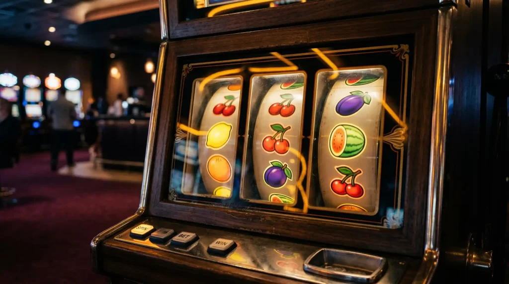 Klassische Fruechte Spielautomaten mit bunten Obstsymbolen auf den Walzen in atmosphaerischer Casino-Beleuchtung